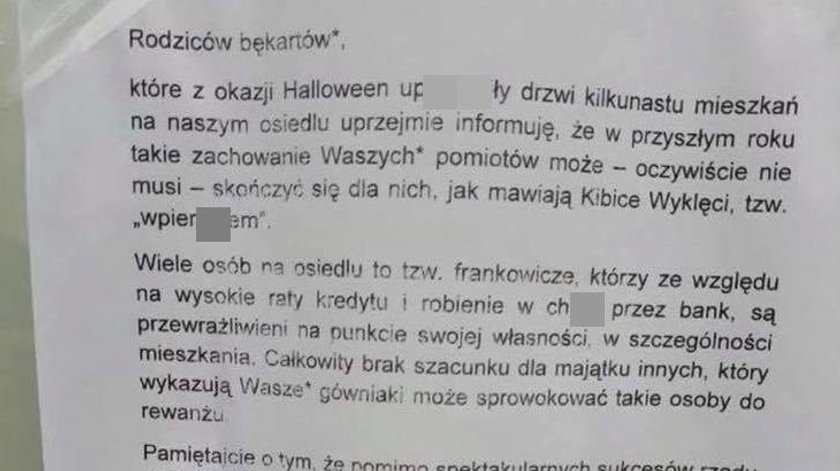 Niezadowolony mieszkaniec wystosował bulwersującą notatkę do "rodziców bękartów"