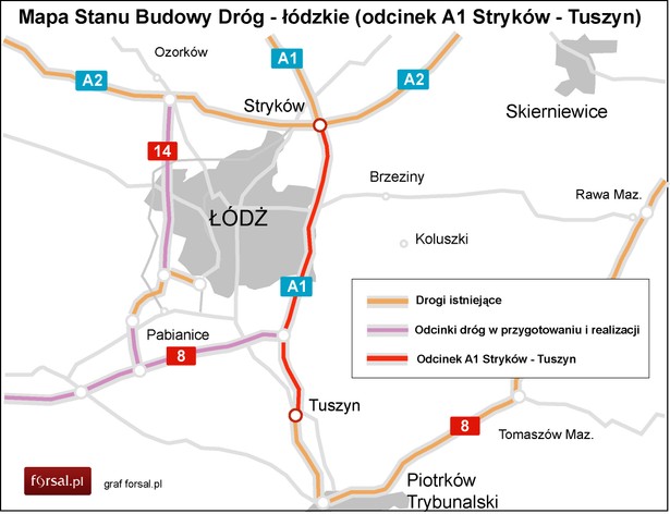 Mapa Stanu Budowy Dróg - łódzkie (odcinek A1 Stryków - Tuszyn)