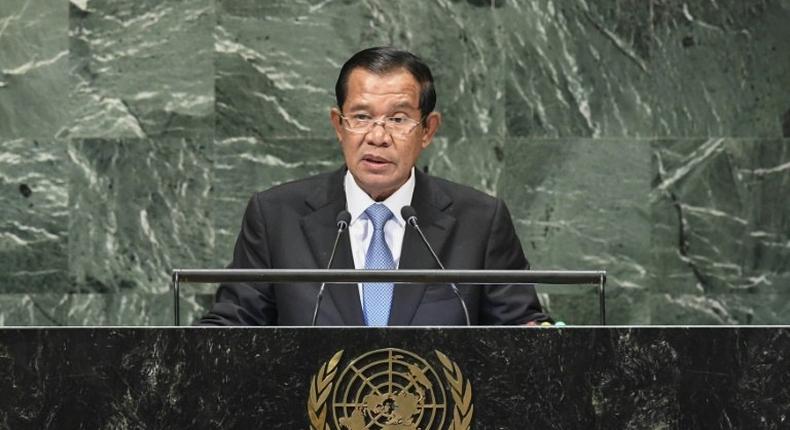 Cambodia's Prime Minister Hun Sen addresses the General Assembly at the United Nations in New York on September 28, 2018