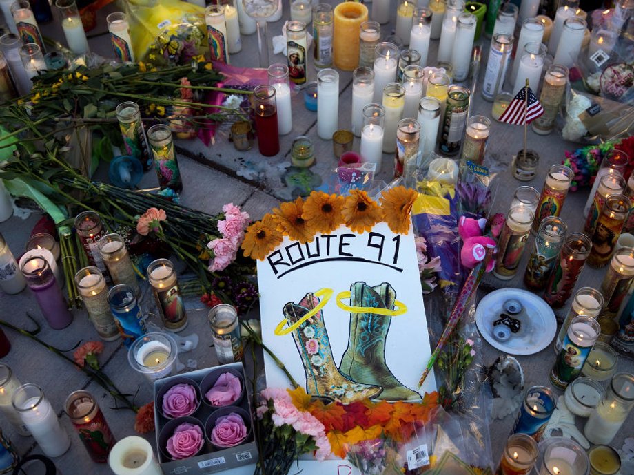 A makeshift memorial at an intersection at the north end of the Las Vegas Strip on October 3.