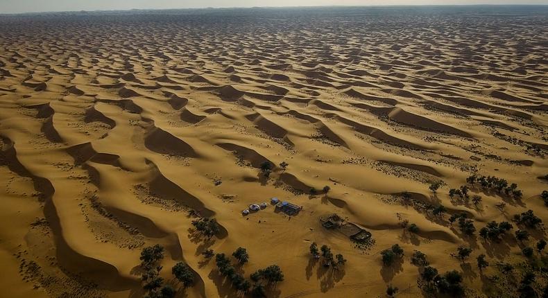 The Tengger desert in Inner Mongolia, an autonomous region of China, June 15, 2016. Officials in northern China say their region is suffering from the worst drought on record, leading to crops wilting and farmers and herders growing desperate to get water to farmlands, grasslands, animals and their households. 