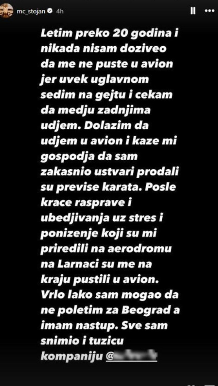 Mc Stojanu zabranili da uđe na let