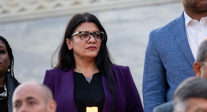 Rep. Rashida Tlaib at a candlelight vigil outside the Capitol on Tuesday to commemorate one month since the Hamas attack on Israel.Drew Angerer/Getty Images