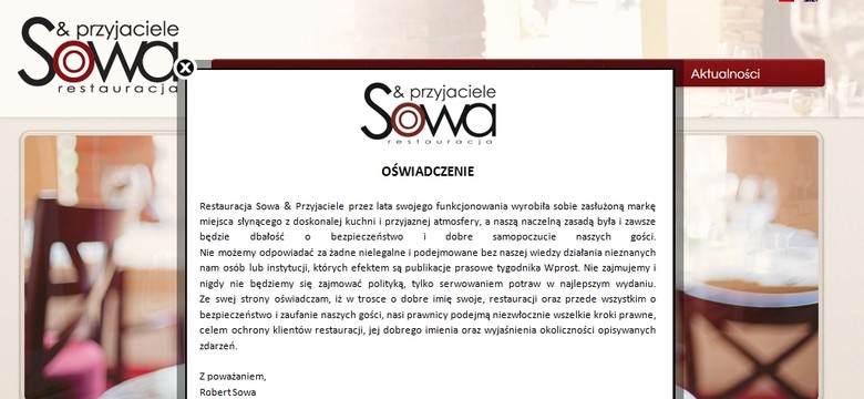 Restauracja "Sowa&Przyjaciele" odcina się od afery i zapowiada kroki prawne