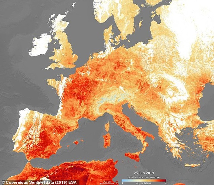 Satelitski snimak prikazuje toplotnu energiju iznad Evrope 25. jula 2019, to jest najekstremnije temperature ovog leta