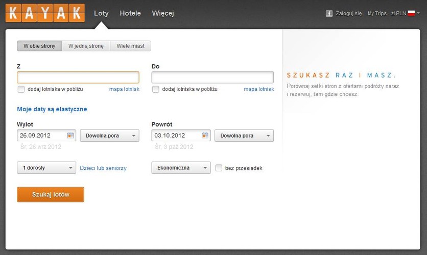 <strong>kayak.pl</strong>
<br><br>
KAYAK to wyszukiwarka ofert turystycznych. Przeszukuje setki stron turystycznych, by pomóc znaleźć idealny lot lub hotel.