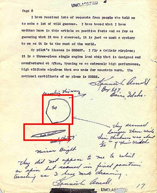 Raport Arnolda dla wywiadu sił powietrznych USA. Czerwoną ramką zaznaczyliśmy rysunki prezentujące kształt zauważonych przez niego obiektów (z góry i z boku)