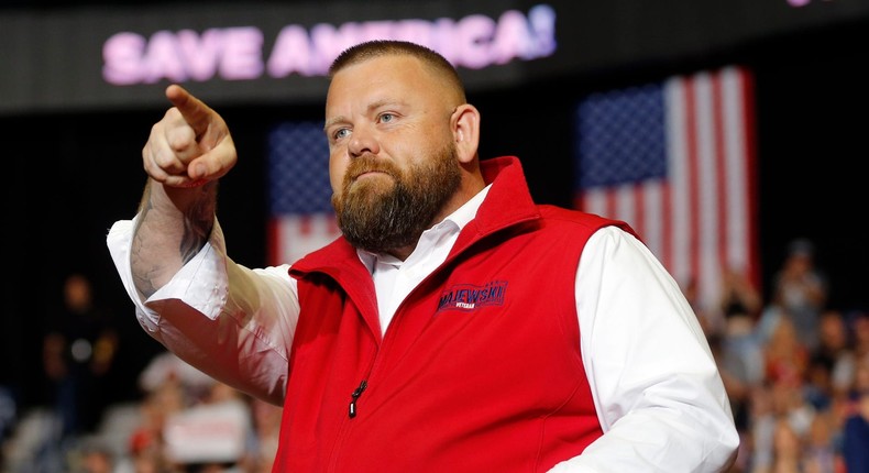 J.R. Majewski, Republican candidate for U.S. Representative for Ohio's 9th Congressional District, takes the stage at a campaign rally in Youngstown, Ohio., Saturday, Sept. 17, 2022.