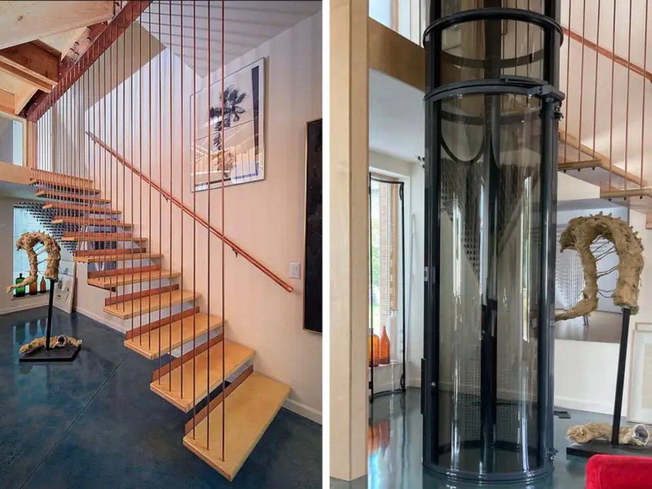 Kolaż przedstawiający klatkę schodową i windę próżniową w domu. 