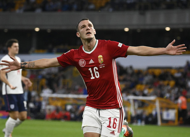 Radość Węgra Daniela Gazdaga po strzelonym golu na 4:0 w meczu przeciwko Anglii w ramach Ligi Narodów