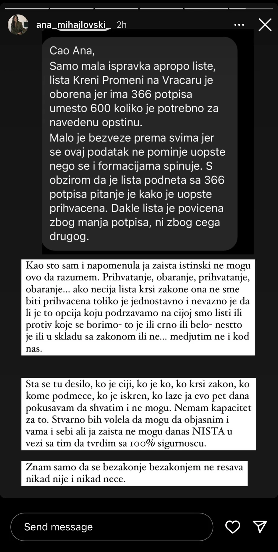 Prepiska Ane Mihajlovski u vezi sa obaranjem liste "Kreni promeni" na Vračaru