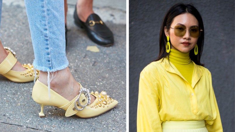 buty, żółty, kobieta, moda