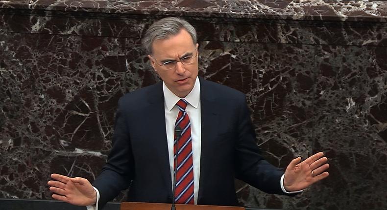 In this image from video, White House counsel Pat Cipollone speaks during the impeachment trial against President Donald Trump in the Senate at the U.S. Capitol in Washington, Saturday, Jan. 25, 2020. (Senate Television via AP)