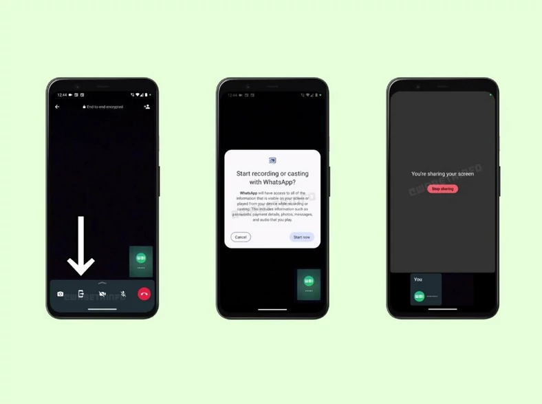 Przycisk w WhatsApp służący do udostępniania ekranu telefonu