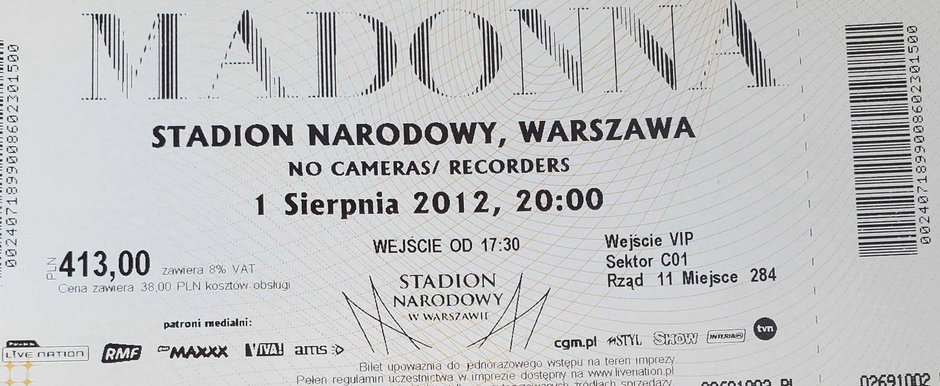 Bilet na koncert Madonny na Stadionie Narodowym