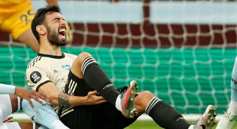 Manchester United midfielder Bruno Fernandes wins a penalty during the Premier League match against Aston Villa