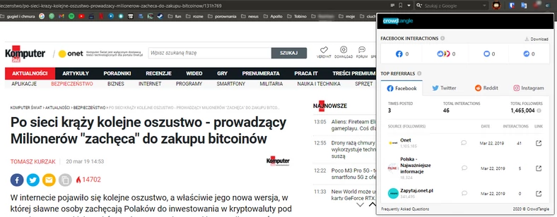  Dodatek do przeglądarek CrowdTangle pokazuje kto i gdzie udostępniał publikowane w internecie artykuły