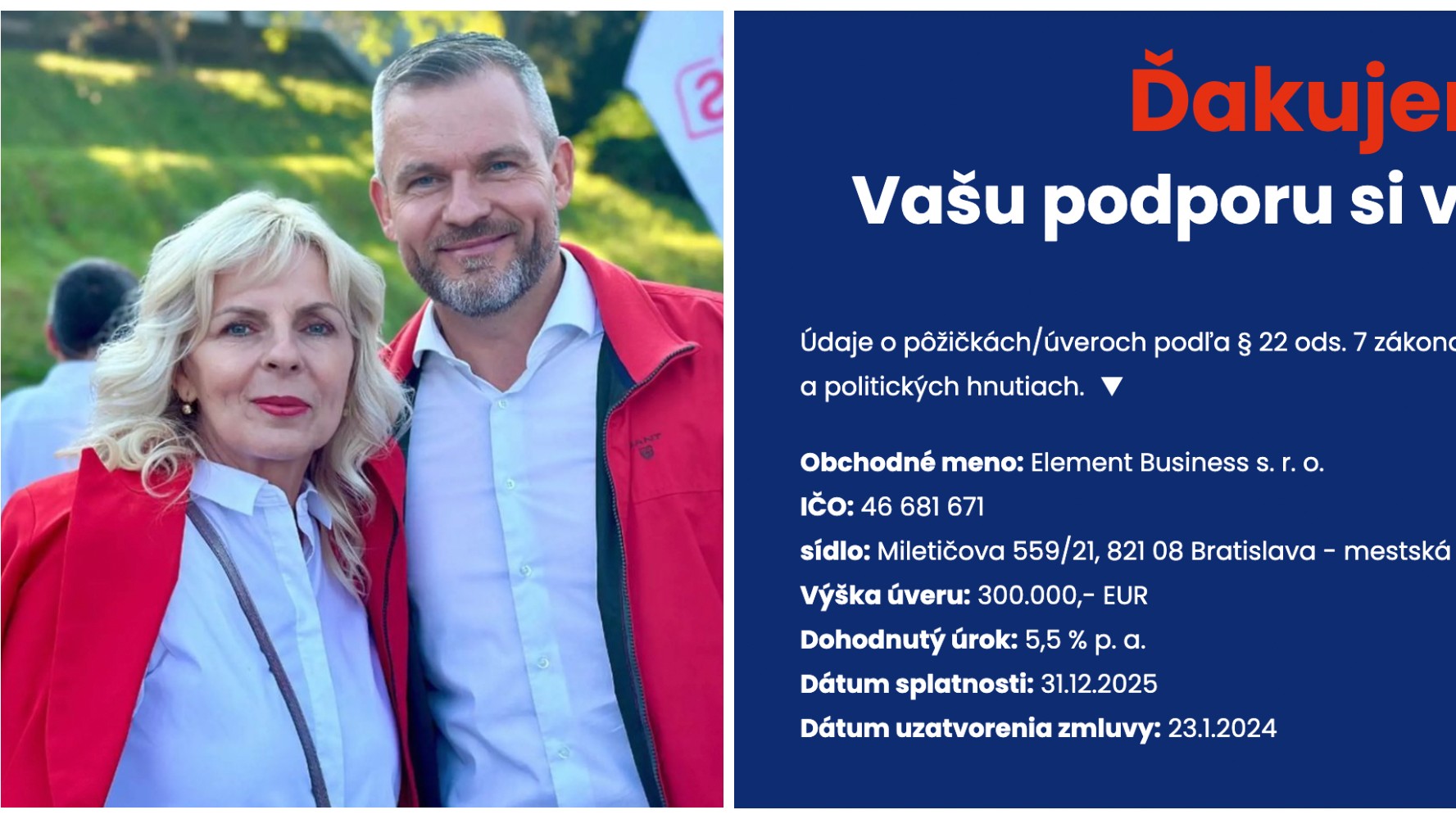 Peter Pellegrini a jeho sestra Eva Pellegrini. Vpravo informácia o pôžičke od sestry, ktorá sa však na webe Hlasu objavila len prednedávnom