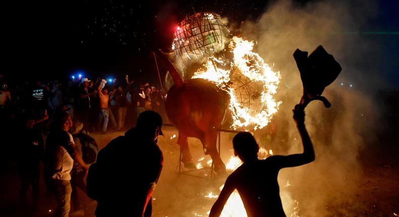 A model of a bull is burned during the National Pyrotechnics Festival.CLAUDIO CRUZ/AFP via Getty Images