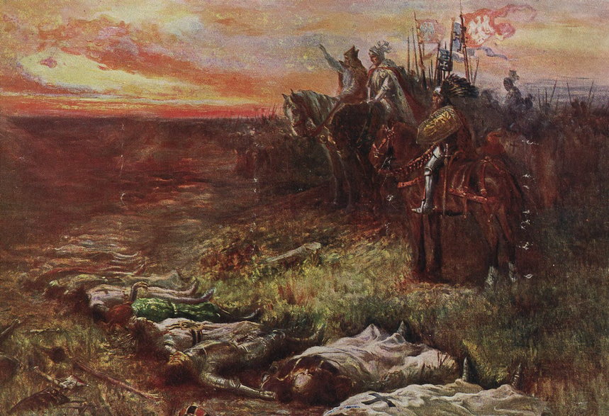 Po bitwie pod Grunwaldem Jagiełło ogląda ciała zabitych Krzyżaków Obraz Konstantego Gorskiego.