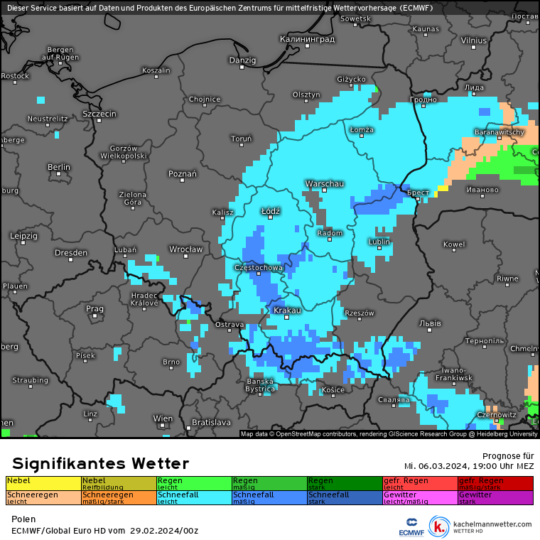 Miejscami pojawią się przelotne opady deszczu ze śniegiem i śniegu (kolor niebieski na mapie), ale nie powinny być intensywne