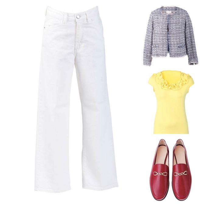 Sako i pantalone „Lindex“, 5.990 i 4.790 din, majica „Tiffany“, 1.990 din, mokasine „Zara“, 6.450 din 