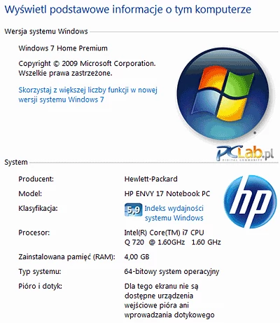 Na dysku zainstalowano Windows 7 Home Premium w wersji 64-bitowej. Są 4 GB pamięci, co wystarczy nawet w takich zastosowaniach jak gry