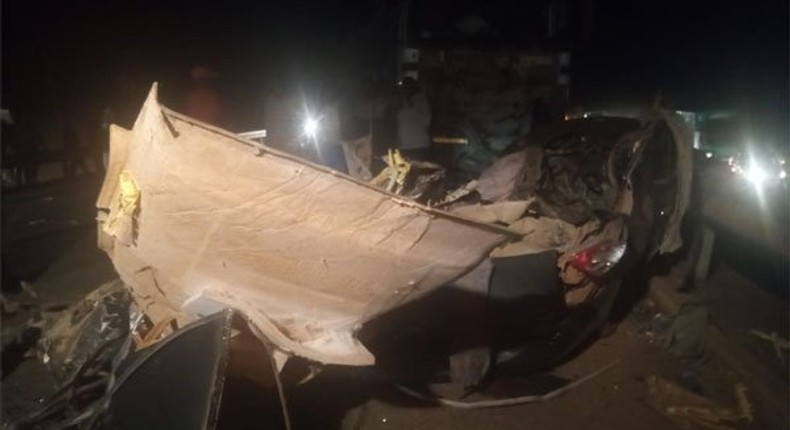 The wreckage of the vehicle in which the deceased were travelling in when the accident happened at Makindu