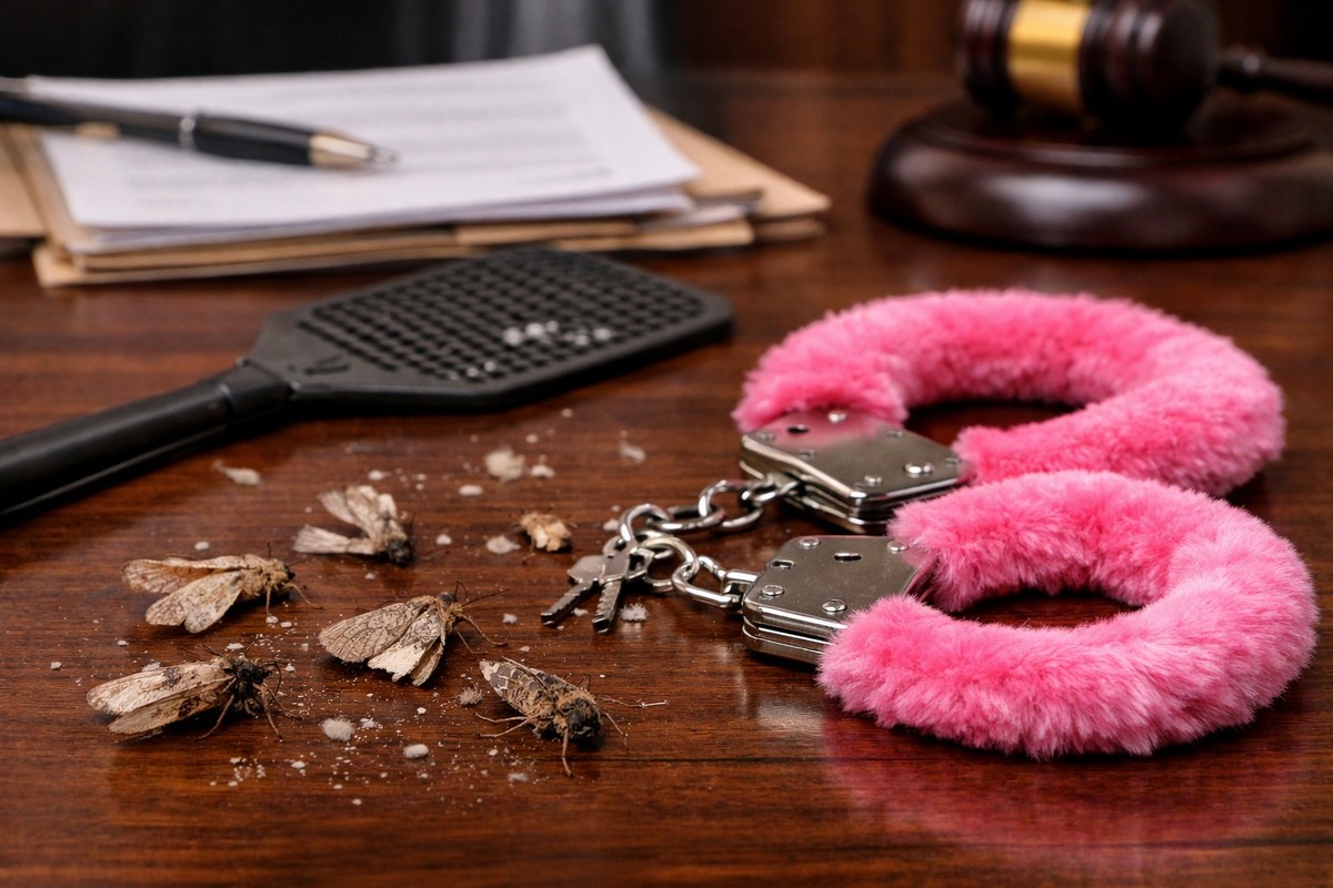 Kajdanki, mole i młotek sędziowski leżą na biurku