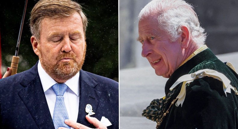 King Willem-Alexander of The Netherlands at the national slavery monument on July 1, 2023, in Amsterdam, Netherlands (L), King Charles III at St Giles' Cathedral in Edinburgh on July 5, 2023 (R).Patrick van Katwijk/Getty Images, CHRIS JACKSON/POOL/AFP via Getty Images