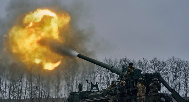 Ukrainian soldiers fire a Pion artillery system at Russian positions near Bakhmut, Donetsk region, Ukraine, Friday, Dec. 16, 2022.LIBKOS/Associated Press