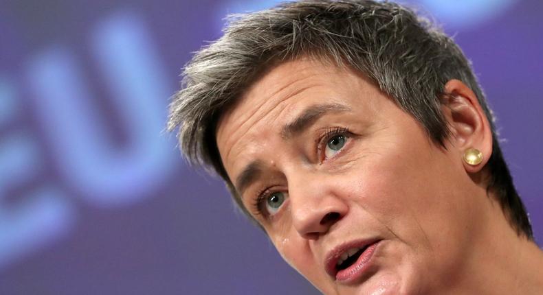 European Competition Commissioner Margrethe Vestager talks to the media at the European Council headquarters in Brussels, Belgium February 6, 2019. REUTERS/Yves Herman