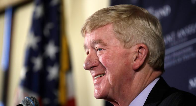 FILE - In this Friday, Feb. 15, 2019, file photo, former Massachusetts Gov. William Weld speaks during a New England Council