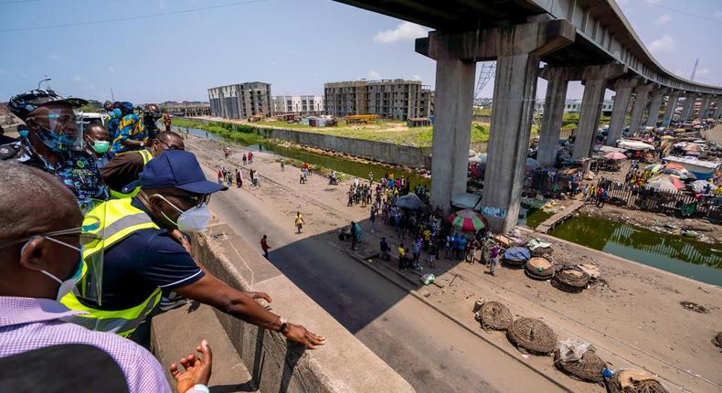 Lagos State Governor Mr Babajide Sanwo-Olu during an inspection tour at Marine Bridge, Apapa, on Sunday. [Twitter/@jidesanwoolu]