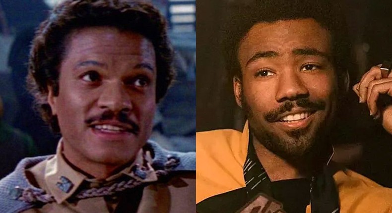 Billy Dee Williams as Lando Calrissian in Return of the Jedi, and Donald Glover in Solo: A Star Wars Story.Lucasfilm/Disney