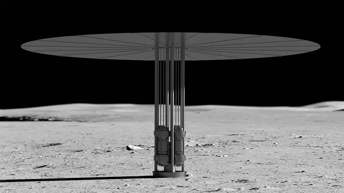 Grafika koncepcyjna prezentująca przykładowy reaktor atomowy na powierzchni Księżyca