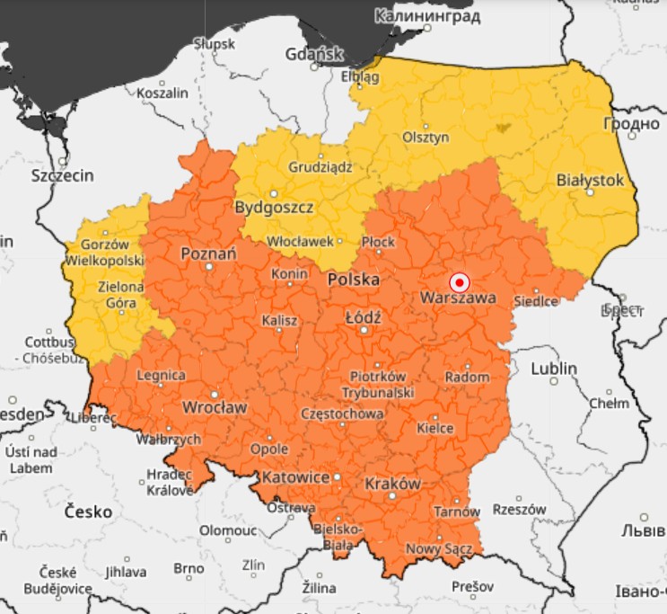 Prognoza ostrzeżeń IMGW przed intensywnymi opadami deszczu oraz silnym deszczem z burzami