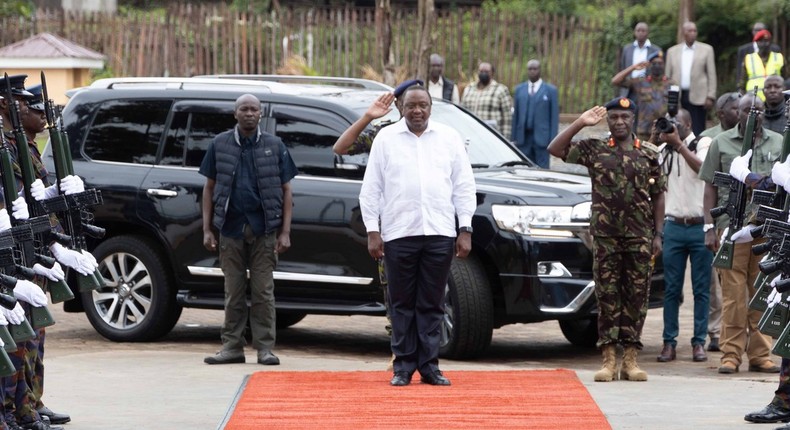 President Uhuru Kenyatta arrives at Kisumu Pier to officially inaugurate Kenya Shipyards Limited's Kisumu Shipyard and witness the flotation of the new 1,800-tonne MV Uhuru II wagon ferry