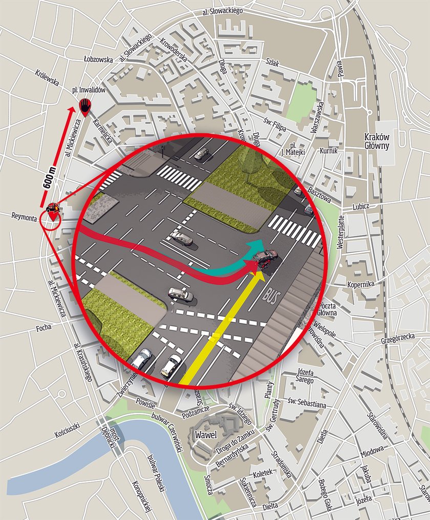 Zielona linia – tak powinien jechać Stuhr. Czerwona tak pojechał. Żółta – tak jechał motocyklista.