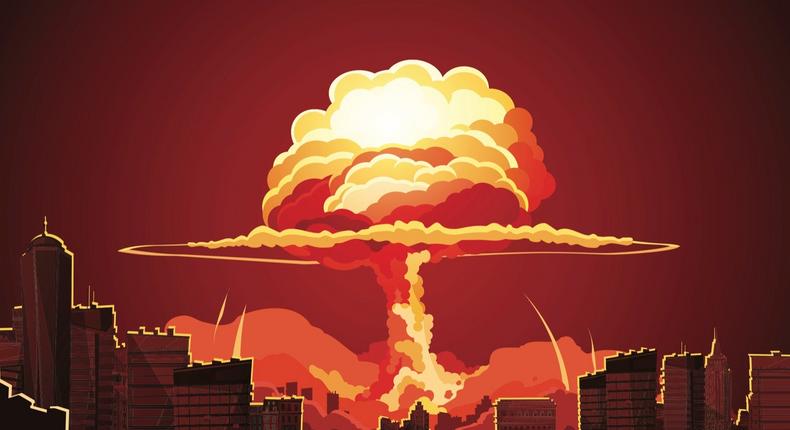 An illustration of a nuclear explosion in a city.