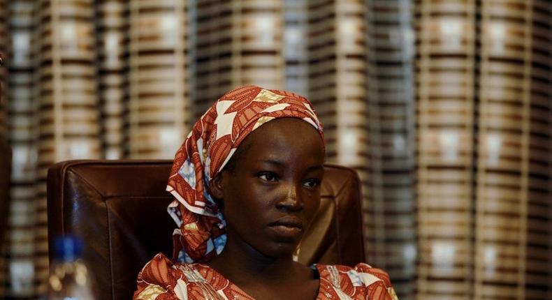 Amina Ali Darsha Nkeki, a Nigerian schoolgirl rescued after over two years of captivity with Boko Haram militants, looks on while visiting President Muhammadu Buhari in Abuja, Nigeria May 19, 2016. 