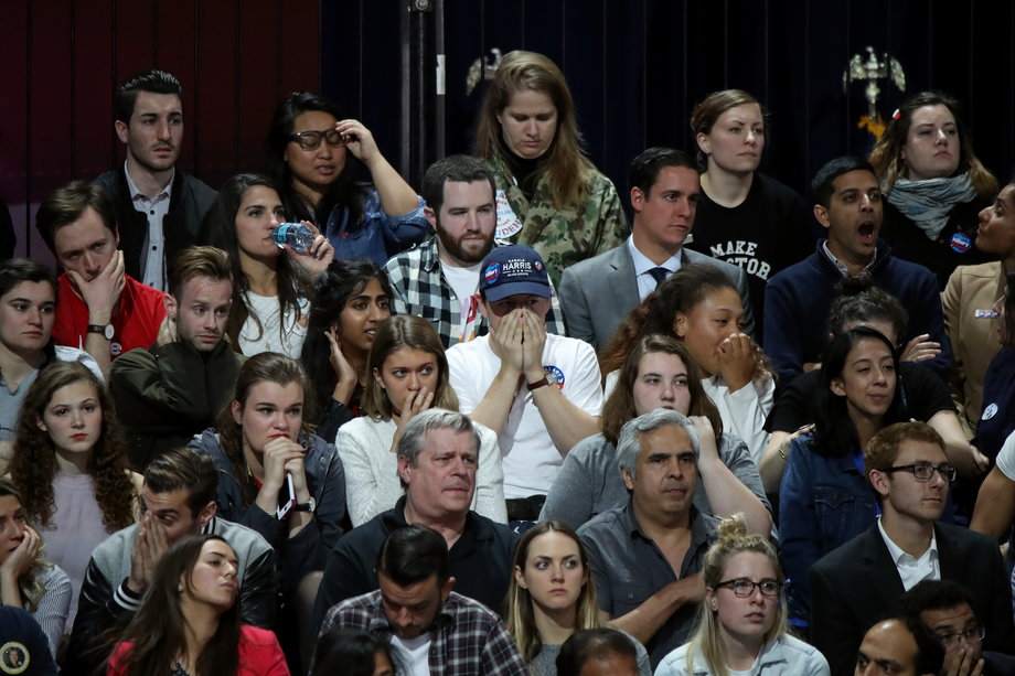 People watching the voting results at Democratic presidential nominee Hillary Clinton's election-night event at the Jacob K. Javits Convention Center in New York City on Tuesday night.