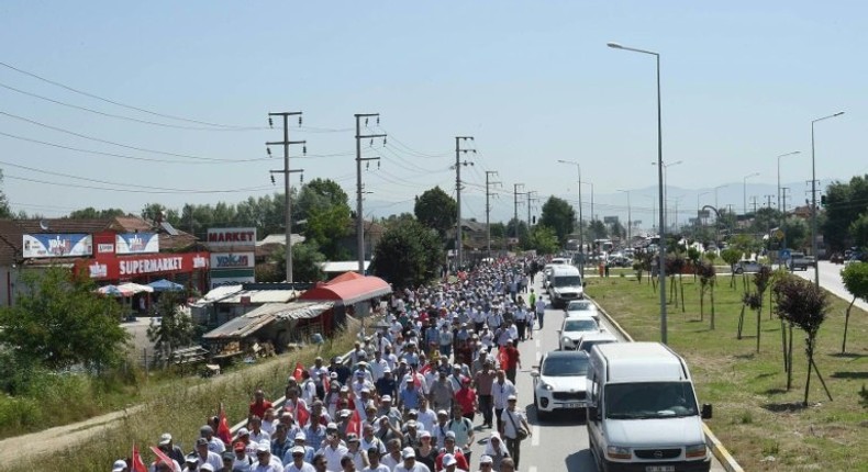 Turkish opposition leader Kemal Kilicdaroglu leads supporters on the 14th day of a 425-kilometer (265-mile) march from Ankara to Istanbul, on June 28, 2017