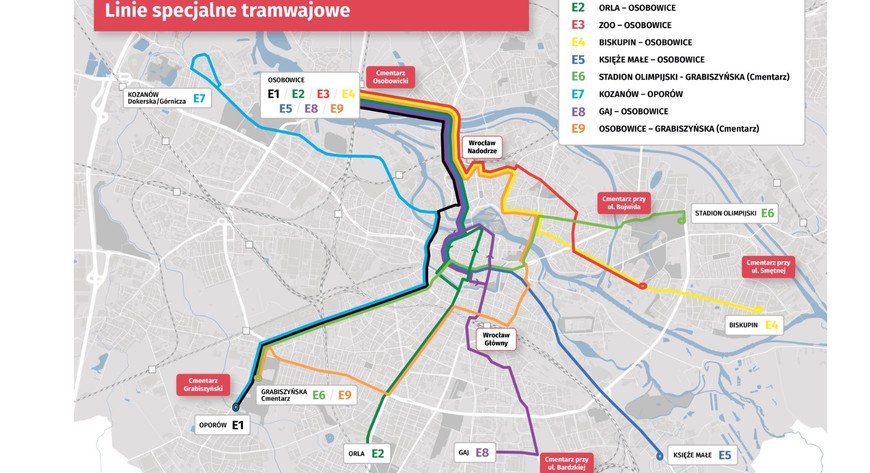 Trasy dodatkowych linii tramwajowych w 2026 roku w dniach 31X i 1 XI