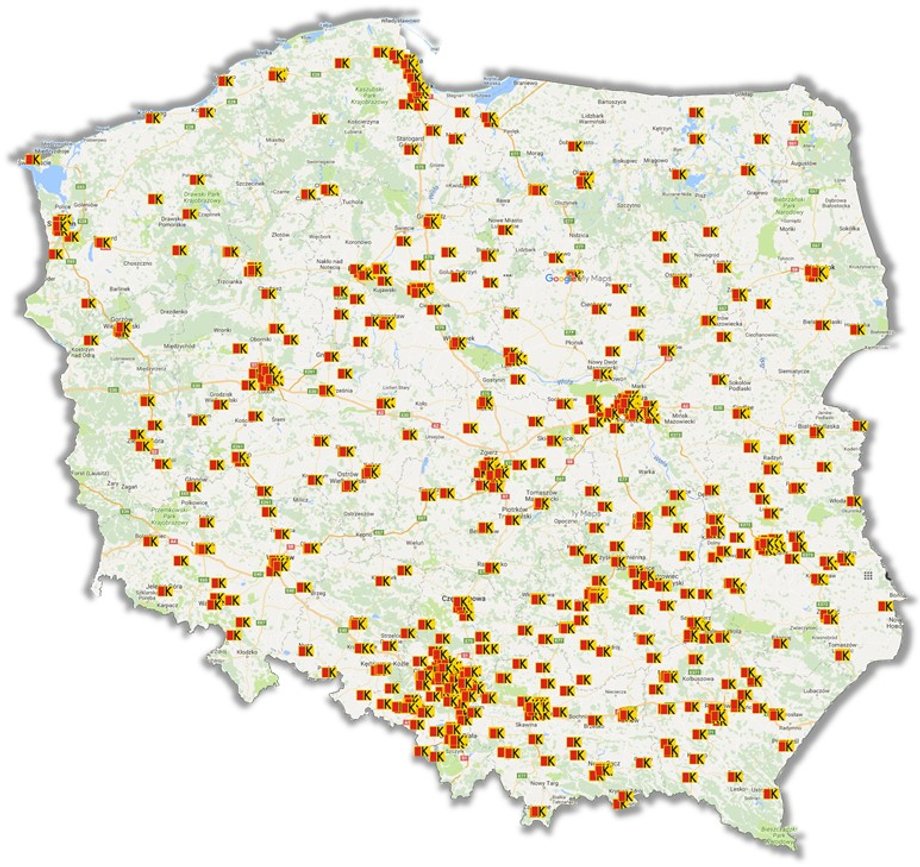 Rozmieszczenie saloników prasowych, w których są dostępne bilety na pociągi Polregio