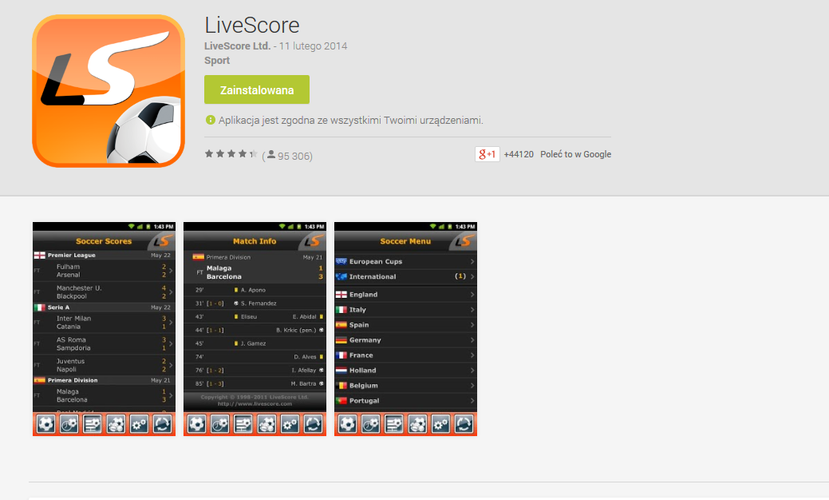 <b>LiveScore</b>
<br><br>
Aplikacja raczej nie urzeka szatą graficzną. Nie ma również kilku przydatnych opcji, jak choćby możliwość aktywowania powiadomień PUSH. Nie zmienia to jednak faktu, że to właśnie na LiveScore znajdziemy najbardziej aktualne informacje na temat wyników spotkań, strzelców bramek czy też szeregu innych statystyk - od ligi argentyńskiej po rozgrywki odbywające się na Wyspach Owczych. LiveScore to po prostu czysty futbol - bez zbędnych fajerwerków.