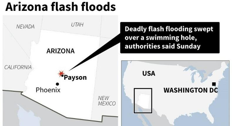 Map of the US state of Arizona locating a deadly flash flooding