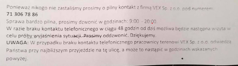 Taką karteczkę zostawił windykator na jednym z osiedli