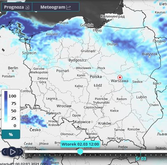 Prognozowany stopień zachmurzenia na wtorek