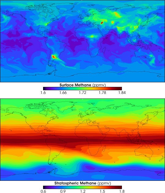 Poziom metanu w atmosferze. U góry - na powierzchni Ziemi, na dole - w stratosferze